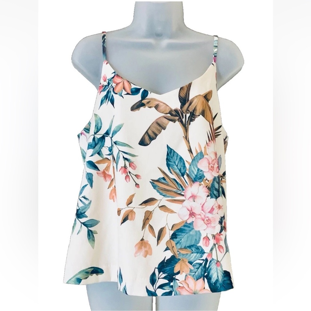 Floral V-Neck Spaghetti Strap Camisole - White/Teal/Pink